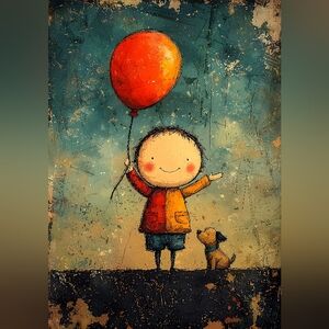 Whimsical Child and Dog with Orange Balloon Print
